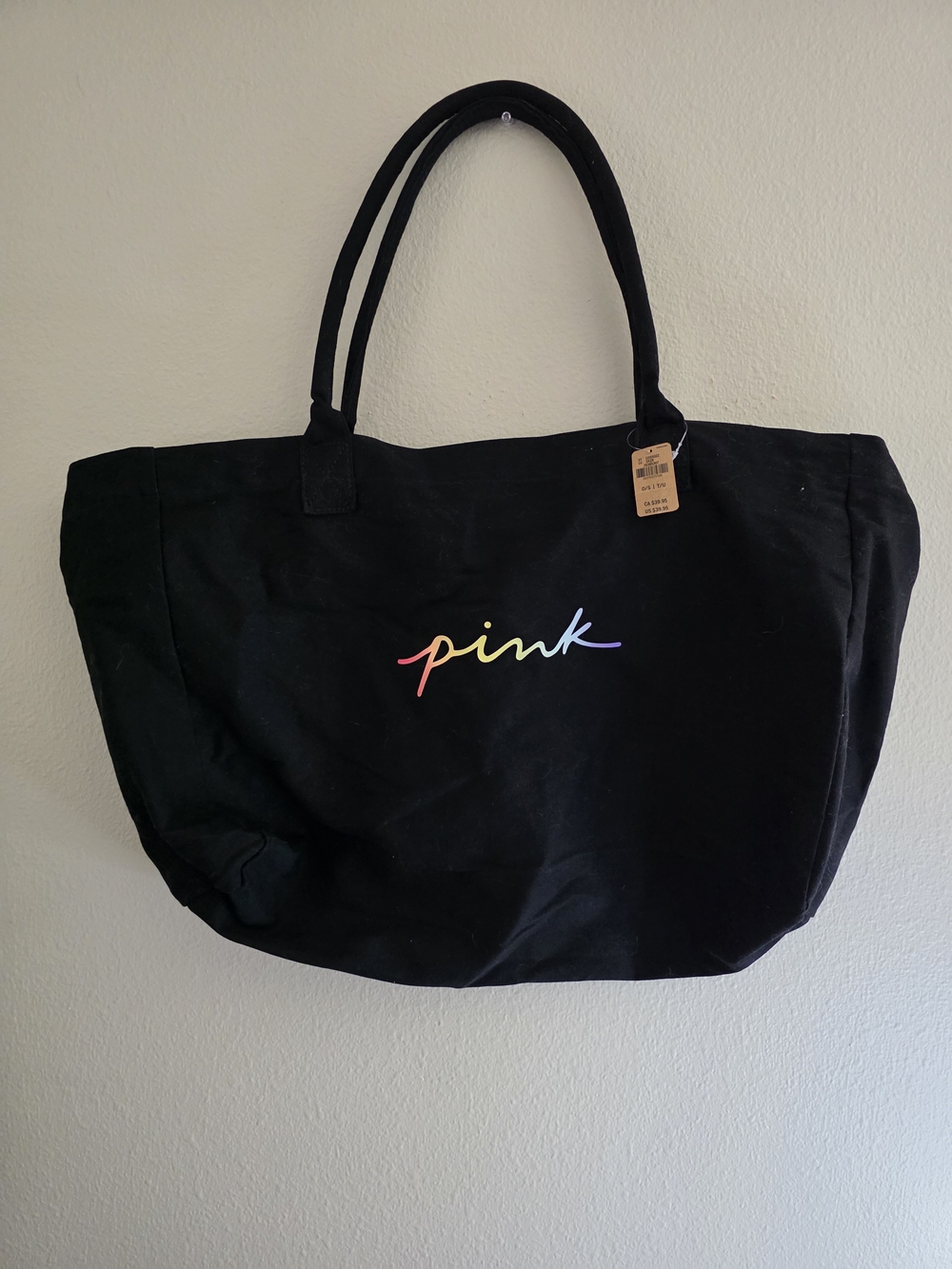 PINK Victoria's Secret Black Canvas Tote with Rainbow Script Logo